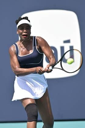 MIAMI GARDENS, FL - MARCH 19: Venus Williams in action during the Miami Open on March 19, 2024, at Hard Rock Stadium in Miami Gardens, FL. (Photo by Michele Eve Sandberg Icon Sportswire) TENNIS: MAR 19 Miami Open EDITORIAL USE ONLY Icon240304052