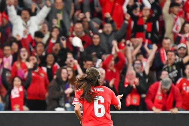 Lisbon, Portugal, Tuesday 19 March 2024 UEFA Women s Champions League 2023 24 1 4 Final SL Benfica Olympique Lyon, Andreia Faria SL Benfica , Goal celebration, celebrate the goal Copyright: JoaquimxFerreira