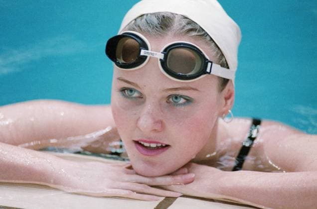 Moscow, USSR. Member of the USSR national synchronised swimming team Olga Sedakova takes a rest during the 9th International Synchronised Swimming Tournament for the prizes of the Soviet Woman magazine in the swimming pool of the Olympic Sports Complex. The score for this routine is 184,175 and she takes the 3rd place of the competition. Igor Utkin TASS  16102321