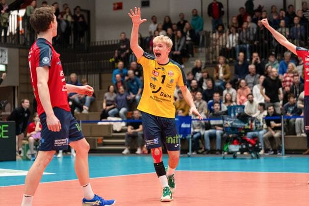 Jubel Ahmann, Mika BADEN VOLLEYS SSC Karlsruhe, 1 GER, Baden VOLLEYS SSC Karlsruhe vs Berlin Recycling Volleys Volleyball, Playoff Quarterfinals, Men, 20 03 2024 GER, Baden VOLLEYS SSC Karlsruhe vs Berlin Recycling Volleys Volleyball, Playoff Quarterfinals, Men, 20 03 2024 Karlsruhe Copyright: xEibner-Pressefoto StefanxMayerx EP_SMR