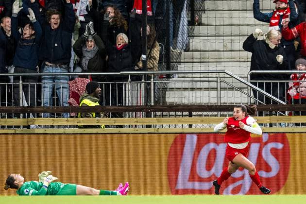 240320 Cecilie Kvamme of Brann celebrates after scoring the 1 1 goal during the UEFA Women s Champions League quarterfinal football match between Brann and Barcelona on March 20, 2024 in Bergen Photo Marius Simensen BILDBYRAN Cop 238 barcelona bbeng brann champions league dam football fotball fotboll jubel kvartfinale quarter final tfk uefa women s champions league  Copyright: MARIUSxSIMENSEN BB240320BB863
