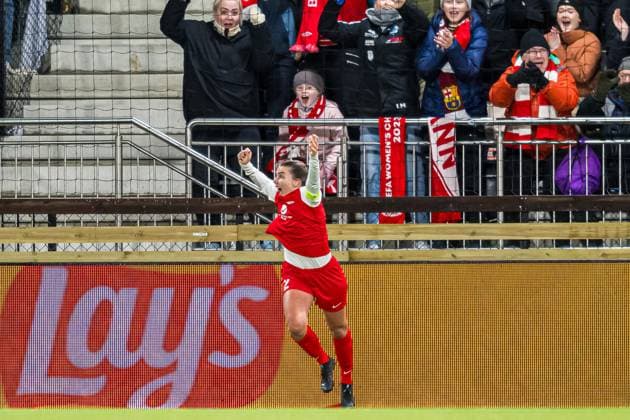 240320 Cecilie Kvamme of Brann celebrates after scoring the 1 1 goal during the UEFA Women s Champions League quarterfinal football match between Brann and Barcelona on March 20, 2024 in Bergen Photo Marius Simensen BILDBYRAN Cop 238 barcelona bbeng brann champions league dam football fotball fotboll jubel kvartfinale quarter final tfk uefa women s champions league  Copyright: MARIUSxSIMENSEN BB240320BB865