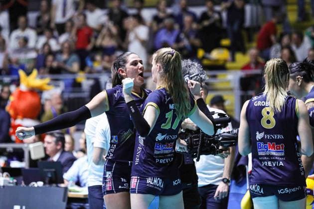 16 KATERINA ZAKCHAIOU (REALE MUTUA FENERA CHIERI Ã¢& x80;& x99;76) and 17 Camilla Weitzel (Reale Mutua Fenera Chieri Ã¢& x80;& x99;76) during Reale Mutua Fenera Chieri vs Viteos Neuchatel, Volleyball CEV Cup Women match in Turin, Italy, March 20 2024  Copyright: xNorbertoxMaccagno IPAxSportx xipx xx IPA_44494766 IPA_Agency_IPA44494766