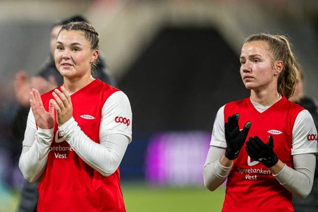 240320 Anna Aahjem and Sara Ritter of Brann after the UEFA Women s Champions League quarterfinal soccer match between Brann and Barcelona on March 20, 2024 in Bergen Photo Marius Simensen BILDBYRAN Cop 238 barcelona bbeng brann champions league dam football fotball fotball quarterfinal quarter final tfk uefa women s champions league  Copyright: MARIUSxSIMENSEN BB240320BB912
