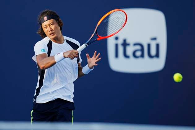 March 20, 2024, Miami, Florida, USA: Zhizhen Zhang (China) hits a forehand against Martin Damm (USA) during the first round of menÃ¢â‚¬â ¢s singles at the Miami Open tennis tournament. Damm won the match 7-6, 7-6. Miami USA - ZUMAd212 20240320_zsp_d212_065 Copyright: xRichardxDolex