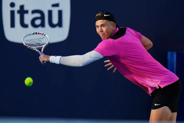 March 20, 2024, Miami, Florida, USA: Martin Damm (USA) hits a backhand against Zhizhen Zhang (China) during the first round of menÃ¢â‚¬â ¢s singles at the Miami Open tennis tournament. Damm won the match 7-6, 7-6. Miami USA - ZUMAd212 20240320_zsp_d212_097 Copyright: xRichardxDolex
