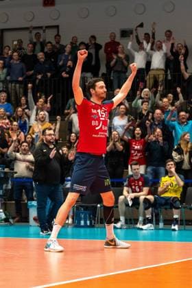 Jubel Sandmeier, Jens BADEN VOLLEYS SSC Karlsruhe, 15 , GER, Volleyball, Playoff quarter-finals, Men, Baden VOLLEYS SSC Karlsruhe vs Berlin Recycling Volleys, 20 03 2024, GER, Volleyball, Playoff quarter-finals, Men, Baden VOLLEYS SSC Karlsruhe vs Berlin Recycling Volleys, 20 03 2024 Karlsruhe Copyright: xEibner-Pressefoto StefanxMayerx EP_SMR