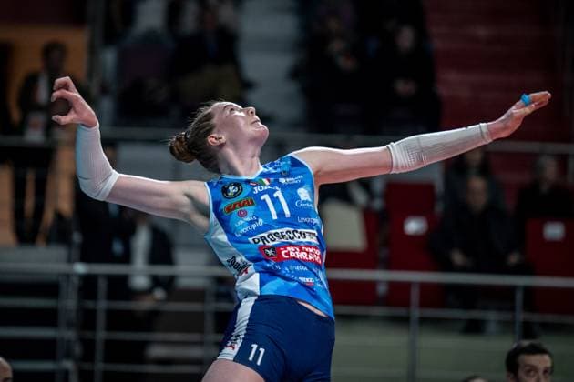 776121898 Isabelle Haak of Imoco Volley in action during the match. Eczacibasi Dynavit and Imoco Volley Conegiano faced each other in the CEV Women™s Champions League Volley Semifinal game 2, the match took place at Istanbul Burhan Felek Vestel Volleyball Hall on March 20, 2024 Istanbul Istanbul Turkey Copyright: xYagizxGurtugx