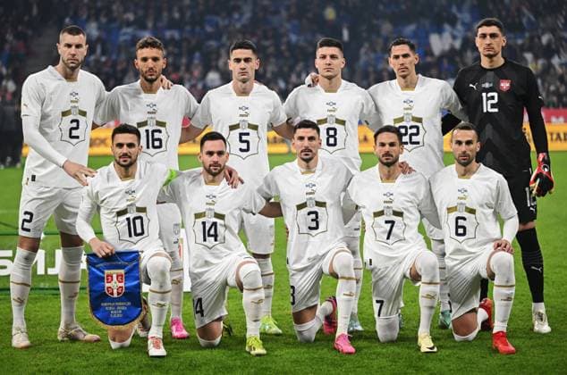Russia Soccer Friendly Russia - Serbia 8646944 21.03.2024 Serbian team members pose for a photo ahead of a friendly match between the Russian and Serbian teams, in Moscow, Russia. Grigory Sysoev Sputnik Moscow Russia  Copyright: xGrigoryxSysoevx