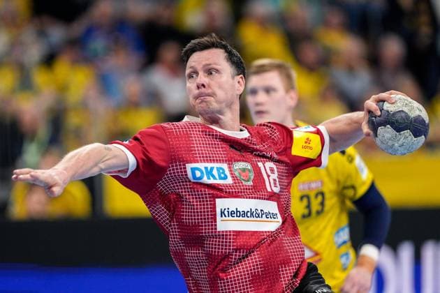 Hans Lindberg Füchse, 18 , single picture, single photo, at seven meter, 7 meter, penalty throw, game scene, action, action, 21 03 2024, Mannheim Germany , Handball, Bundesliga, Rhein Neckar Löwen Füchse Berlin xozx