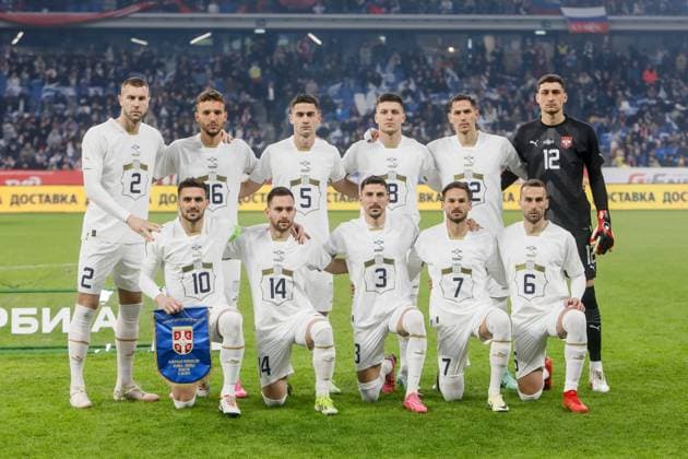 Russia v Serbia - International Friendly, Länderspiel, Nationalmannschaft (L to R) Top row: Strahinja Pavlovic, Strahinja Erakovic, Sasa Zdjelar, Luka Jovic, Sasa Lukic, Djordje Petrovic; bottom row: Dusan Tadic, Andrija Zivkovic, Filip Mladenovic, Mijat Gacinovic and Milan Gajic of Serbia pose for a photo before the international friendly match between Russia and Serbia on March 21, 2024 at Dynamo Central Stadium in Moscow, Russia. Moscow Russia Copyright: xMikexKireevx originalFilename:kireev-russiavs240321_npXBy.jpg