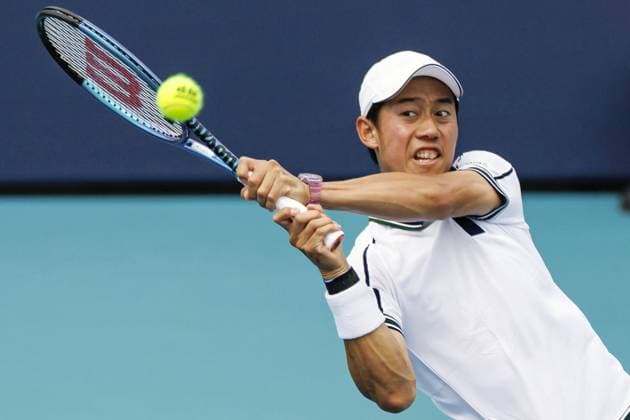 Tennis: Miami Open Kei Nishikori of Japan plays against Sebastian Ofner of Austria in the first round of the men s singles at the Miami Open tennis tournament in Miami, Florida, on March 21, 2024.  A14AA0002624371P