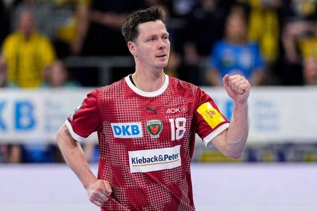 Goalscorer Hans Lindberg Füchse, 18 , player of Füchse Berlin, celebrates a goal, cheer, cheer, goal celebration, celebrate the goal, goal, celebration, jubilation over the goal, optimistic, game scene, highlight, single picture, action, action, 21 03 2024, Mannheim Germany , Handball, Bundesliga, Rhein Neckar Löwen Füchse Berlin xozx