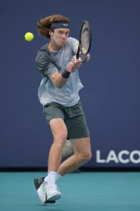 March 22, 2024, Miami, Florida, USA: Andrey Rublev hits a backhand against Tomas Machac during the second round of menÃ¢â‚¬â ¢s singles at the Miami Open tennis tournament. Machac won the match 6-4, 6-4. Miami USA - ZUMAd212 20240322_zsp_d212_021 Copyright: xRichardxDolex