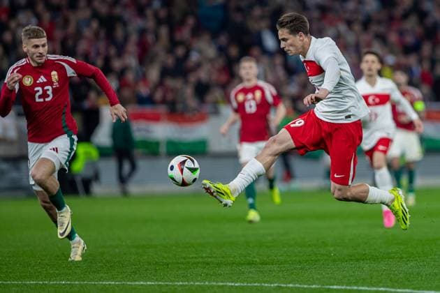 Kenan Yildiz of Turkey competes for the ball with Marton Dardai of Hungary during the friendly match at Puskas ArÃ na on March 22, 2024 in Budapest, Hungary. Copyright: xRobertxSzaniszlox HUNTUR24 0572
