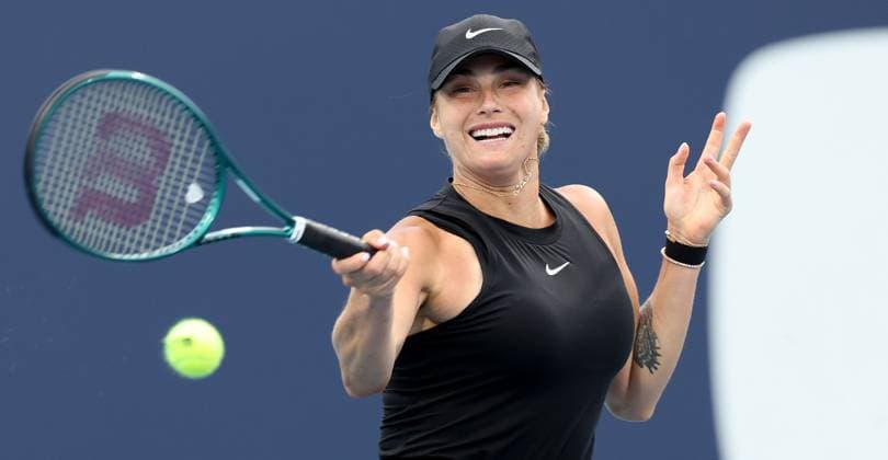 March 22, 2024, Miami Gardens, Florida, United States Of America: MIAMI GARDENS, FLORIDA - MARCH 22: Aryna Sabalenka of Belarus defeats Paula Badosa of Spain in the second round on Day 7 of the Miami Open Presented by Itau at Hard Rock Stadium on March 22, 2024 in Miami Gardens, Florida ...People: Aryna Sabalenka Miami Gardens United States Of America - ZUMAs214 20240322_ada_s214_023 Copyright: xSMGx
