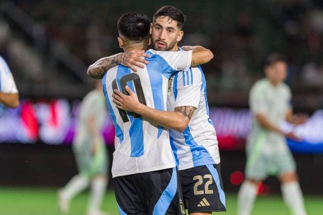 RECORD DATE NOT STATED Seleccion Mexicana Sub-23 2024 Mexico vs Argentina Thiago Almada celebrates his goal 0-1 with Alan Varela of Argentina during the friendly match between Mexico U-23 (Mexican national team, Nationalteam and Argentina U-23, at El Encanto Stadium, Mazatlan, Sinaloa, on March 22, 2024. MAZATLAN SINALOA MEXICO  Copyright: xRobertoxEcheagarayx 20240322201711_SMN_U23_MEX_ARG_ALMADA48