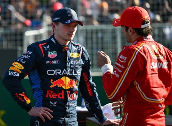 March 23, 2024, Melbourne, Victoria, Australia: March 23, 2024, Melbourne, Victoria, Australia: Dutch driver Max Verstappen ( 1) of Red Bull (L) and Spanish driver Carlos Sainz ( 55) of Ferrari (R) chat after qualifying on day 2 of the 2024 Australian F1 Grand Prix. Max Verstappen secured pole position with a time of 1:15.915 and Carlos Sainz will start in second place with a time of 1:16.185. Melbourne Australia - ZUMAk106 20240323_zaf_k106_021 Copyright: xTheoxKaranikosx