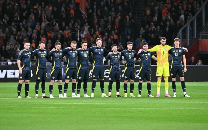 Football, International match, Friendly match for Euro 2024, Amsterdam Arena, Netherlands Scotland 4 0 Team Scotland, from left John McGinn SCO , Nathan Patterson SCO , Ryan Christie SCO , Ryan Porteous SCO , Lawrence Shankland SCO , Scott McTominay SCO , Billy Graham SCO , Kieran Tierney SCO , Andrew Robertson SCO , Angus Gunn SCO , Jack Hendry SCO UEFA REGULATIONS PROHIBIT ANY USE OF PHOTOGRAPHS AS IMAGE SEQUENCES AND OR QUASI VIDEO