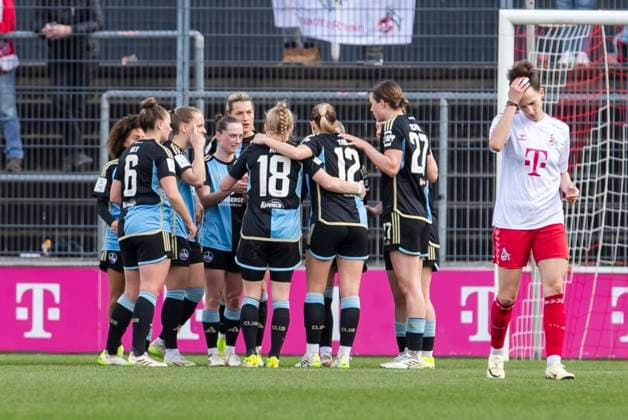 GOOGLE PIXEL Womens Bundesliga 1 FC Köln 1 FC Nürnberg, 23 03 2024 Cheering after the goal to 0 1 by Lara Schmidt 1 FC Nürnberg, 27 GOOGLE PIXEL Womens Bundesliga, 1 FC Köln 1 FC Nürnberg, 17 Matchday, on 23 03 2024, Franz Kremer Stadium, Cologne DFL regulations prohibit any use of photographs as image sequences and or quasi video Copyright: xBEAUTIFULxSPORTS Meuselx