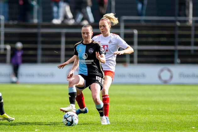 Janina Hechler 1 FC Koeln, 28 , behind fouls Vanessa Haim 1 FC Nuernberg, 19 , in front Football Google Pixel Womens Bundesliga, Season 2023 2024, Matchday 16, 1 FC Koeln 1 FC Nuernberg on 23 03 2024 at Franz Kremer Stadium in Koeln Important notice According to the regulations of the DFL German Football League or the DFB German Football Association it is prohibited, to exploit or have exploited photographs taken in the stadium and or of the match in the form of sequential images and or video-like photo series Foto Kirchner Media TH Copyright: xKirchner-Media THx