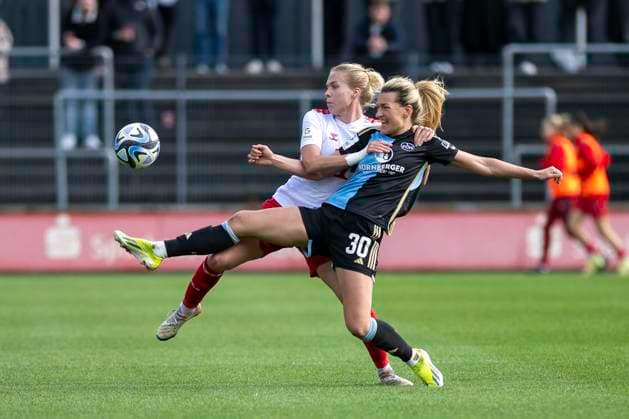 duel between Celina Degen 1 FC Koeln, 05 , back and Medcina Desic 1 FC Nuernberg, 30 , front Football Google Pixel Womens Bundesliga, Season 2023 2024, Matchday 16, 1 FC Koeln 1 FC Nuernberg on 23 03 2024 at Franz Kremer Stadium in Koeln Important notice According to the regulations of the DFL German Football League or the DFB German Football Association it is prohibited, to exploit or have exploited photographs taken in the stadium and or of the match in the form of sequential images and or video-like photo series Foto Kirchner Media TH Copyright: xKirchner-Media THx