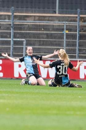 GOOGLE PIXEL Frauen Bundesliga 1 FC Köln 1 FC Nürnberg, 23 03 2024 Vanessa Haim 1 FC Nürnberg, 19 and Medina Desic 1 FC Nürnberg, 30 celebrate the goal to 0 2 GOOGLE PIXEL Frauen Bundesliga, 1 FC Köln 1 FC Nürnberg, 17 Spieltag, am 23 03 2024, Franz Kremer Stadion, Köln DFL regulations prohibit any use of photographs as image sequences and or quasi video Copyright: xBEAUTIFULxSPORTS Meuselx