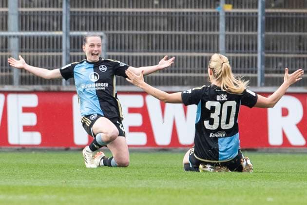 GOOGLE PIXEL Frauen Bundesliga 1 FC Köln 1 FC Nürnberg, 23 03 2024 Vanessa Haim 1 FC Nürnberg, 19 and Medina Desic 1 FC Nürnberg, 30 celebrate the goal to 0 2 GOOGLE PIXEL Frauen Bundesliga, 1 FC Köln 1 FC Nürnberg, 17 Spieltag, am 23 03 2024, Franz Kremer Stadion, Köln DFL regulations prohibit any use of photographs as image sequences and or quasi video Copyright: xBEAUTIFULxSPORTS Meuselx