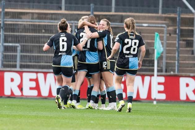 GOOGLE PIXEL Womens Bundesliga 1 FC Köln 1 FC Nürnberg, 23 03 2024 Cheering after the goal to 0 2 by Vanessa Haim 1 FC Nürnberg, 19 GOOGLE PIXEL Womens Bundesliga, 1 FC Köln 1 FC Nürnberg, 17 Matchday, on 23 03 2024, Franz Kremer Stadium, Cologne DFL regulations prohibit any use of photographs as image sequences and or quasi video Copyright: xBEAUTIFULxSPORTS Meuselx
