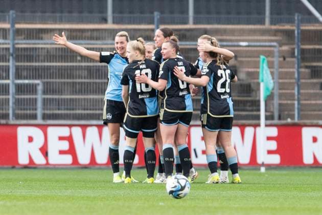 GOOGLE PIXEL Womens Bundesliga 1 FC Köln 1 FC Nürnberg, 23 03 2024 Cheering after the goal to 0 2 by Vanessa Haim 1 FC Nürnberg, 19 GOOGLE PIXEL Womens Bundesliga, 1 FC Köln 1 FC Nürnberg, 17 Matchday, on 23 03 2024, Franz Kremer Stadium, Cologne DFL regulations prohibit any use of photographs as image sequences and or quasi video Copyright: xBEAUTIFULxSPORTS Meuselx
