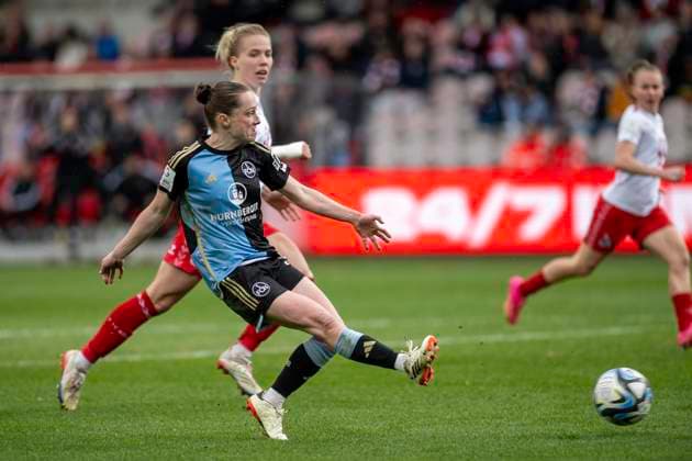 Vanessa Haim 1 FC Nuernberg, 19 scores the goal for 2 0 Celina Degen 1 FC Koeln, 05 cannot intervene Football Google Pixel Womens Bundesliga, Season 2023 2024, Matchday 16, 1 FC Koeln 1 FC Nuernberg on 23 03 2024 at Franz Kremer Stadium in Koeln Important note According to the regulations of the DFL German Football League or the DFB German Football Association, it is prohibited, to exploit or have exploited photographs taken in the stadium and or of the match in the form of sequential images and or video-like photo series Foto Kirchner Media TH Copyright: xKirchner-Media THx