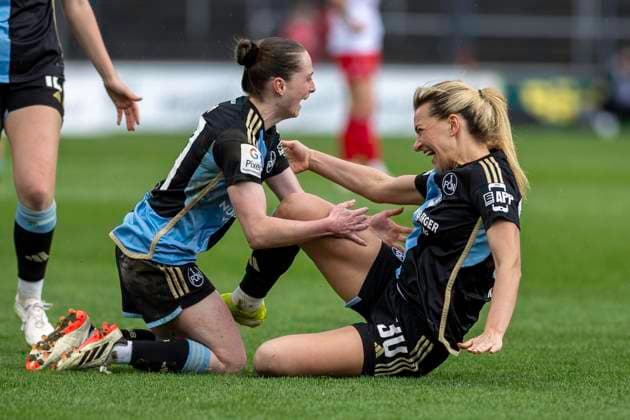Vanessa Haim 1 FC Nuernberg, 19 and Medcina Desic 1 FC Nuernberg, 30 slide jubilantly towards each other Football Google Pixel Womens Bundesliga, Season 2023 2024, Matchday 16, 1 FC Koeln 1 FC Nuernberg on 23 03 2024 at Franz Kremer Stadium in Koeln Important note According to the regulations of the DFL German Football League or the DFB German Football Association, it is prohibited, to exploit or have exploited photographs taken in the stadium and or of the match in the form of sequential images and or video-like photo series Foto Kirchner Media TH Copyright: xKirchner-Media THx