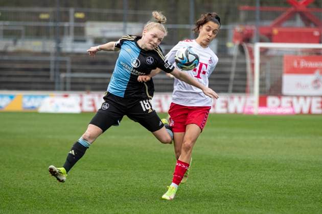 GOOGLE PIXEL Frauen Bundesliga 1 FC Köln 1 FC Nürnberg, 23 03 2024 Franziska Mai 1 FC Nürnberg, 18 in duel with Natalia Padilla Bidas 1 FC Köln, 22 GOOGLE PIXEL Frauen Bundesliga, 1 FC Köln 1 FC Nürnberg, 17 Spieltag, am 23 03 2024, Franz Kremer Stadion, Köln DFL regulations prohibit any use of photographs as image sequences and or quasi video Copyright: xBEAUTIFULxSPORTS Meuselx