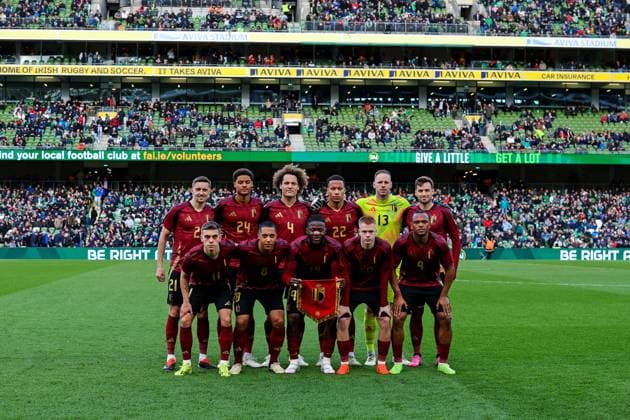 Belgien Mannschaftsbild (hi. V. li.) Timothy Castagne, Koni De Winter, Wout Faes, Aster Vranckx, Matz Sels, Olivier Deman; (vorn v. li.) Leandro Trossard, Youri Tielemans, Johan Bakayoko, Arthur Vermeeren, Lois Openda International Friendly, Länderspiel, Nationalmannschaft Aviva Stadium, Dublin 23 3 2024 Belgium The Belgium team ahead of the game The Belgium team ahead of the game 23 3 2024 Copyright: x INPHO JamesxCrombiex JGR12344