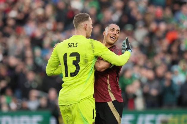 Belgium s goalkeeper Matz Sels and Belgium s Youri Tielemans celebrate after Sels stopped a penalty during a friendly soccer match between Ireland and Belgian national team, Nationalteam Red Devils, in Dublin, Ireland, Saturday 23 March 2024. The Red Devils play two friendly matches in preparation for the Euro 2024. BRUNOxFAHY  x89719603x