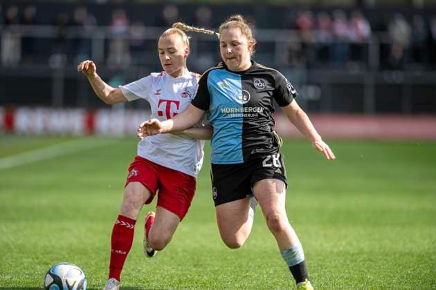 duel between Anna Gerhardt 1 FC Koeln, 21 , left and Madeleine Steck 1 FC Nuernberg, 28 , right Football Google Pixel Womens Bundesliga, Season 2023 2024, Matchday 16, 1 FC Koeln 1 FC Nuernberg on 23 03 2024 at Franz Kremer Stadium in Koeln Important notice According to the regulations of the DFL German Football League or the DFB German Football Association it is prohibited, to exploit or have exploited photographs taken in the stadium and or of the match in the form of sequential images and or video-like photo series Foto Kirchner Media TH Copyright: xKirchner-Media THx
