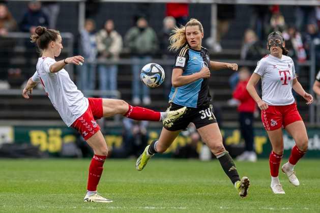 duel between Sara Agrez 1 FC Koeln, 04 , left and Medcina Desic 1 FC Nuernberg, 30 , right Football Google Pixel Womens Bundesliga, Season 2023 2024, Matchday 16, 1 FC Koeln 1 FC Nuernberg on 23 03 2024 at Franz Kremer Stadium in Koeln Important notice According to the regulations of the DFL German Football League or the DFB German Football Association it is prohibited, to exploit or have exploited photographs taken in the stadium and or of the match in the form of sequential images and or video-like photo series Foto Kirchner Media TH Copyright: xKirchner-Media THx