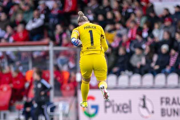 Lea Paulick 1 FC Nuernberg, 01 jumps in the air with joy after scoring the 1 0 Soccer Google Pixel Womens Bundesliga, Season 2023 2024, Matchday 16, 1 FC Koeln 1 FC Nuernberg on 23 03 2024 at Franz Kremer Stadium in Koeln Important notice According to the regulations of the DFL German Football League or the DFB German Football Association, it is prohibited, to exploit or have exploited photographs taken in the stadium and or of the match in the form of sequential images and or video-like photo series Foto Kirchner Media TH Copyright: xKirchner-Media THx