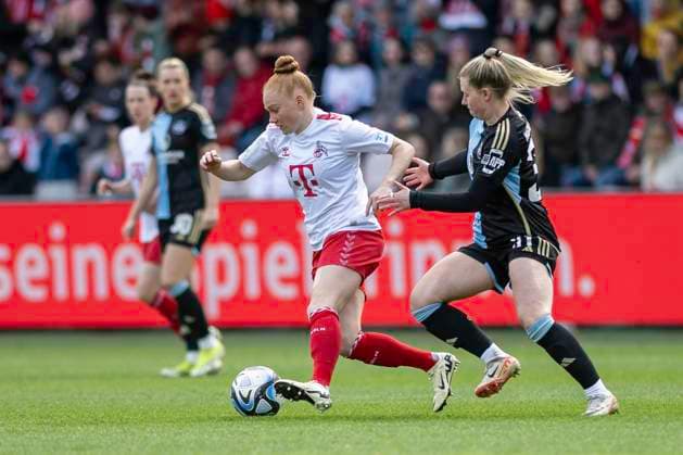 duel between Laura Vogt 1 FC Köln, 08 and Selma Magnusdottir 1 FC Nuernberg, 37 , right Football Google Pixel Womens Bundesliga, Season 2023 2024, Matchday 16, 1 FC Koeln 1 FC Nuernberg on 23 03 2024 at Franz Kremer Stadium in Koeln Important notice According to the regulations of the DFL German Football League or the DFB German Football Association it is prohibited, to exploit or have exploited photographs taken in the stadium and or of the match in the form of sequential images and or video-like photo series Foto Kirchner Media TH Copyright: xKirchner-Media THx