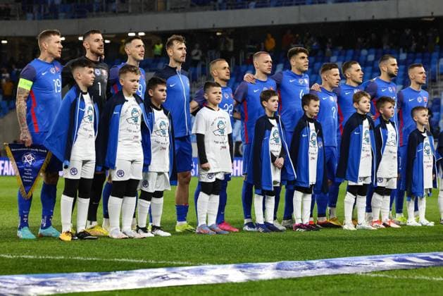 SOCCER - SVK vs AUT, test match BRATISLAVA,SLOVAKIA,23.MAR.24 - SOCCER - OEFB International Friendly, Länderspiel, Nationalmannschaft match, Slovakia vs Austria. Image shows the team of SVK during the hymn.  GEPAxpictures xArminxRauthner