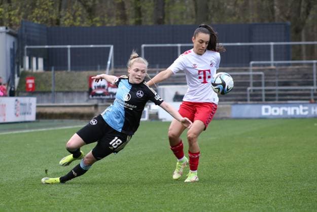 23 03 2024, xgrfx, Fussball 1 Bundesliga Damen, 1 FC Köln Frauen 1 FC Nürnberg emspor, v l Franziska Mai 1 FC Nürnberg , Natalia Padilla Bidas 1 FC Köln DFL DFB REGULATIONS PROHIBIT ANY USE OF PHOTOGRAPHS as IMAGE SEQUENCES and or QUASI VIDEO Köln