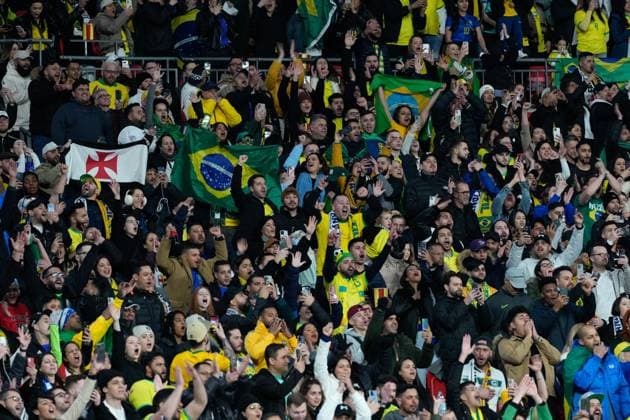 Brazil fans in the stands England v Brazil, International Friendly, Länderspiel, Nationalmannschaft Football, Wembley Stadium, London, UK - 23 Mar 2024 EDITORIAL USE ONLY No use with unauthorised audio, video, data, fixture lists, club league logos or live services. Online in-match use limited to 120 images, no video emulation. No use in betting, games or single club league player publications. Copyright: xDavexShopland Shutterstockx 14398318n