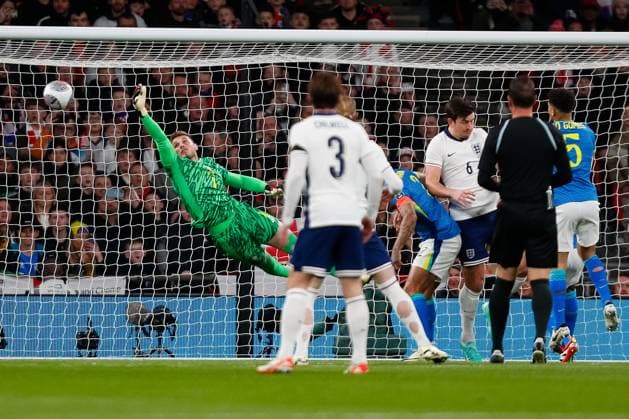 23rd March 2024; Wembley Stadium, London, England; International Football Friendly, England versus Brazil; Bento of Brazil dives for a shot from a free kick from Foden but went wide of the goal  ActionPlus12621253 GrahamxWilson