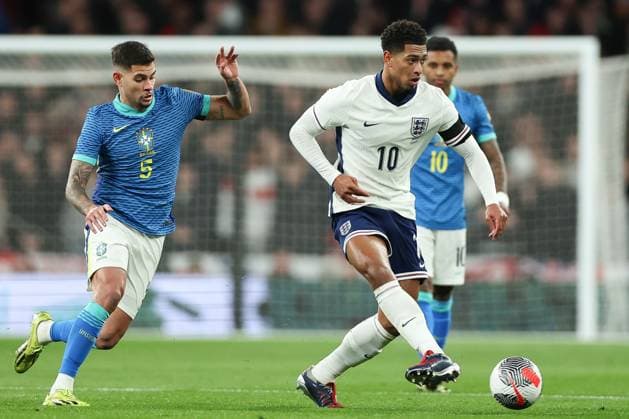 Jude Bellingham of England and Bruno Guimaraes of Brasil England v Brazil, International Football Friendly, Wembley Stadium, Wembley, London, UK - 23 03 2024 Editorial use only  Copyright: xMattxImpey Shutterstockx 14399525f