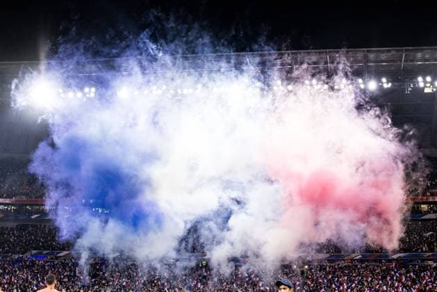 UEFA friendly match France Germany 23 03 2024 Blue White Red fog after fireworks UEFA friendly match France Germany, Lyon, Groupama Stadium on 23 03 2024 Copyright: xBEAUTIFULxSPORTS Wunderlx