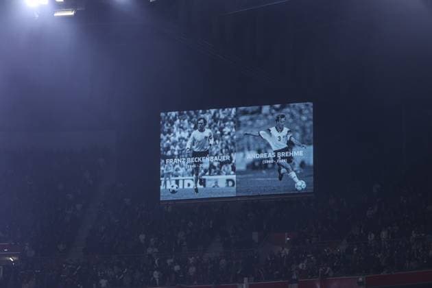 Sport, Football, UEFA international match season 2023 24 Friendly match France Germany 23 03 2024, Groupama Stadium Lyon The players during a minutes silence for the deceased Franz Beckenbauer and Andreas Brehme Lyon Groupama Stadium France