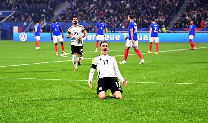 FOOTBALL INTERNATIONAL Test match in Lyon France Germany 23 03 2023 Cheers after the goal for 0 1 by goal scorer Florian Wirtz Germany