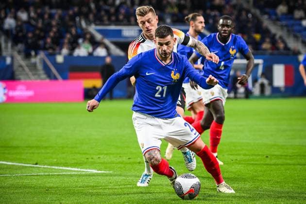 March 23, 2024, Decines-Charpieu, France, France: Lucas HERNANDEZ of France and Joshua KIMMICH of Germany during the International Friendly, Länderspiel, Nationalmannschaft match between France and Germany at Groupama Stadium on March 23, 2024 in Decines-Charpieu near Lyon, France. Decines-Charpieu France - ZUMAm308 20240323_zsp_m308_001 Copyright: xMatthieuxMirvillex