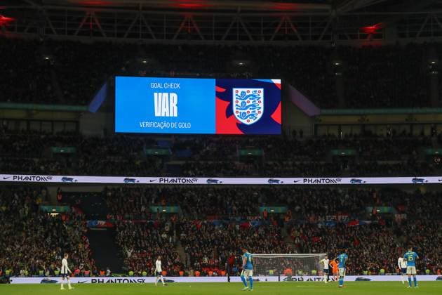 International Friendly, Länderspiel, Nationalmannschaft England v Brazil VAR checks the goal from Endrick of Brazil to make it 0-1 during the International Friendly match England vs Brazil at Wembley Stadium, London, United Kingdom, 23rd March 2024 (Photo by Gareth Evans News Images) London Wembley Stadium Greater London United Kingdom Copyright: xGarethxEvans NewsxImagesx