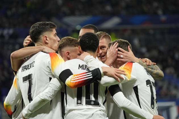 celebrate the goal, goal celebration to 0 2 Kai Havertz Germany Germany with thanks to preparer Jamal Musiala Germany Germany , with Florian Wirtz Germany Germany Germany , Toni Kroos Germany Germany Lyon 23 03 2024 France vs Germany, Groupama Stadium Lyon, Friendly, Friendly